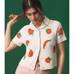 NWT Size XXS - Maeve Veggie Motif Graphic Sweater Tomato Collared Cardigan